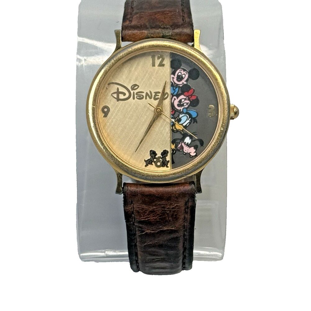 VTG Disney Gold Tone 32mm Watch Mickey Minnie Donald Goofy Chip & Dale Lthr EUC